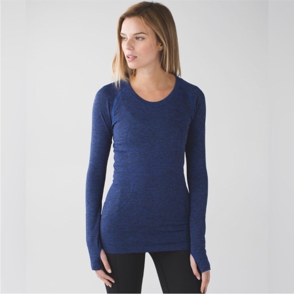 Lululemon Swiftly Tech Long Sleeve Heathered Sapphire Blue Size 2 Thumb Holes